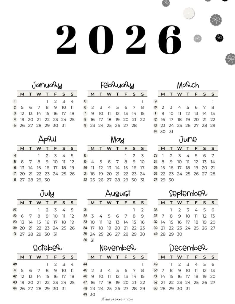 2026 Calendar Template PDF Week numbers 2026 Monday starting weeks SaturdayGift 791x1024 1