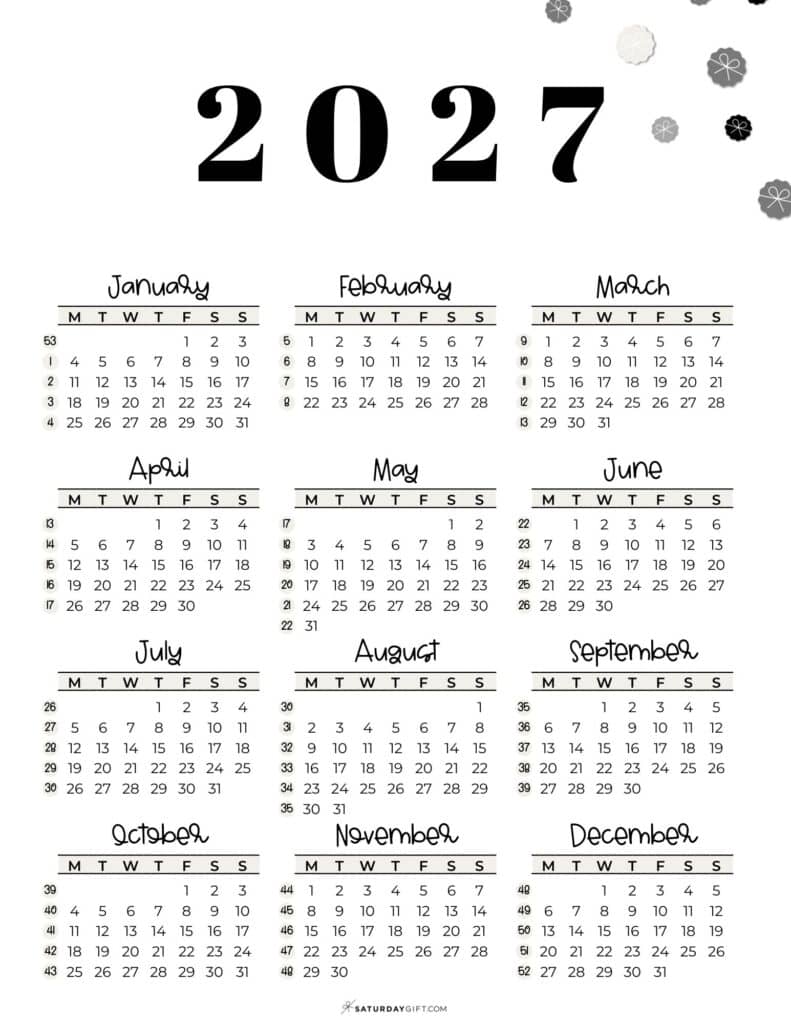 2027 Calendar Template PDF Week numbers 2027 Monday starting weeks SaturdayGift 791x1024 1