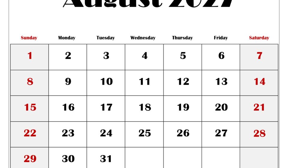 August 2027 Blank Printable Calendar 2