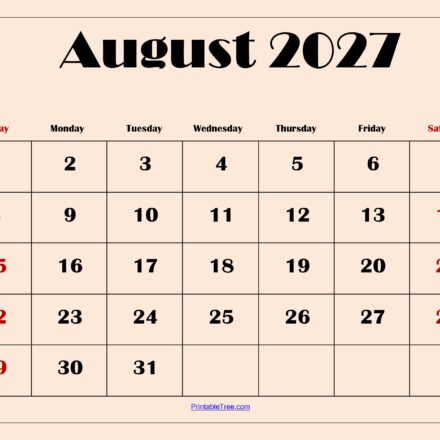 August 2027 Calendar with Light Pink 6