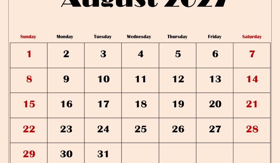August 2027 Calendar with Light Pink 8