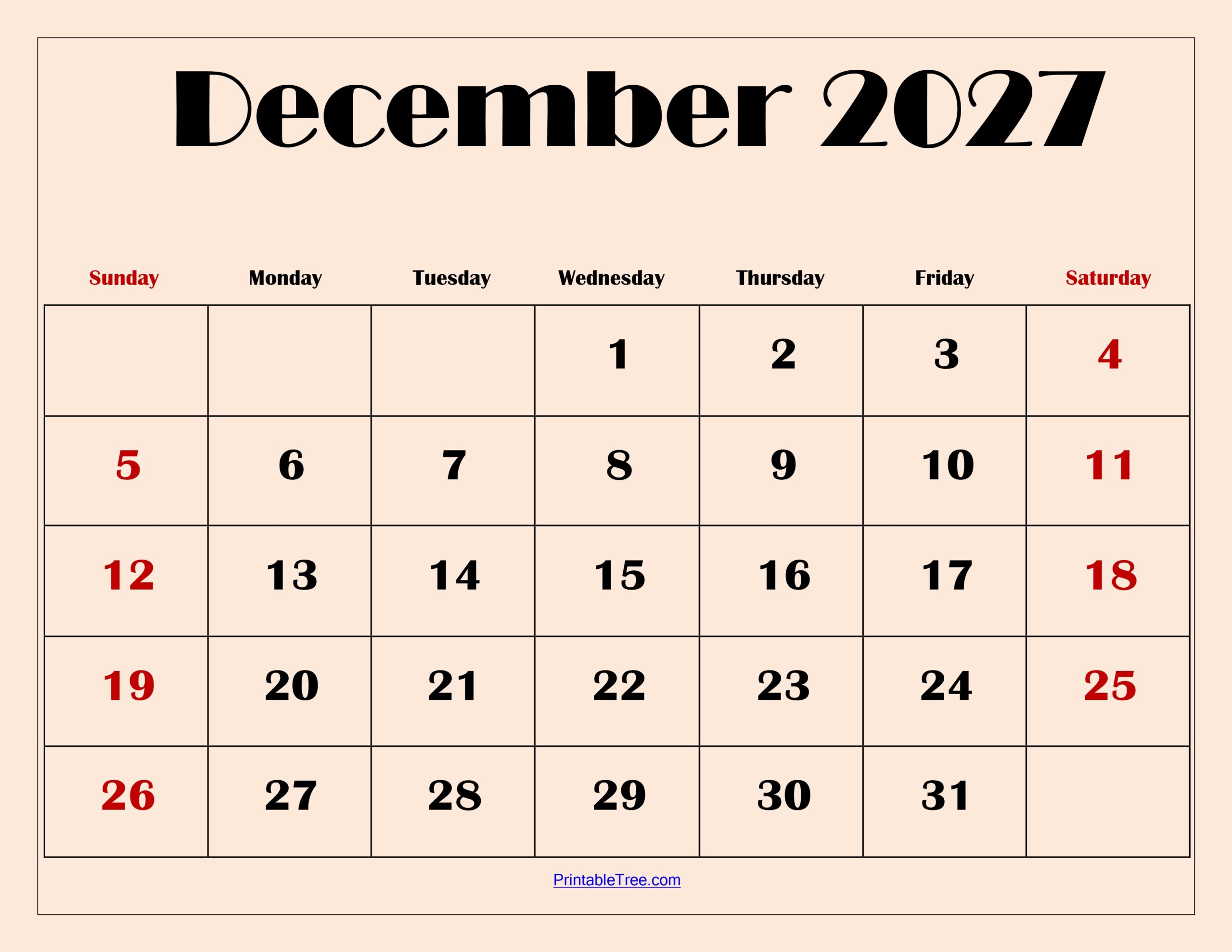 December 2027 Calendar with Light Pink scaled
