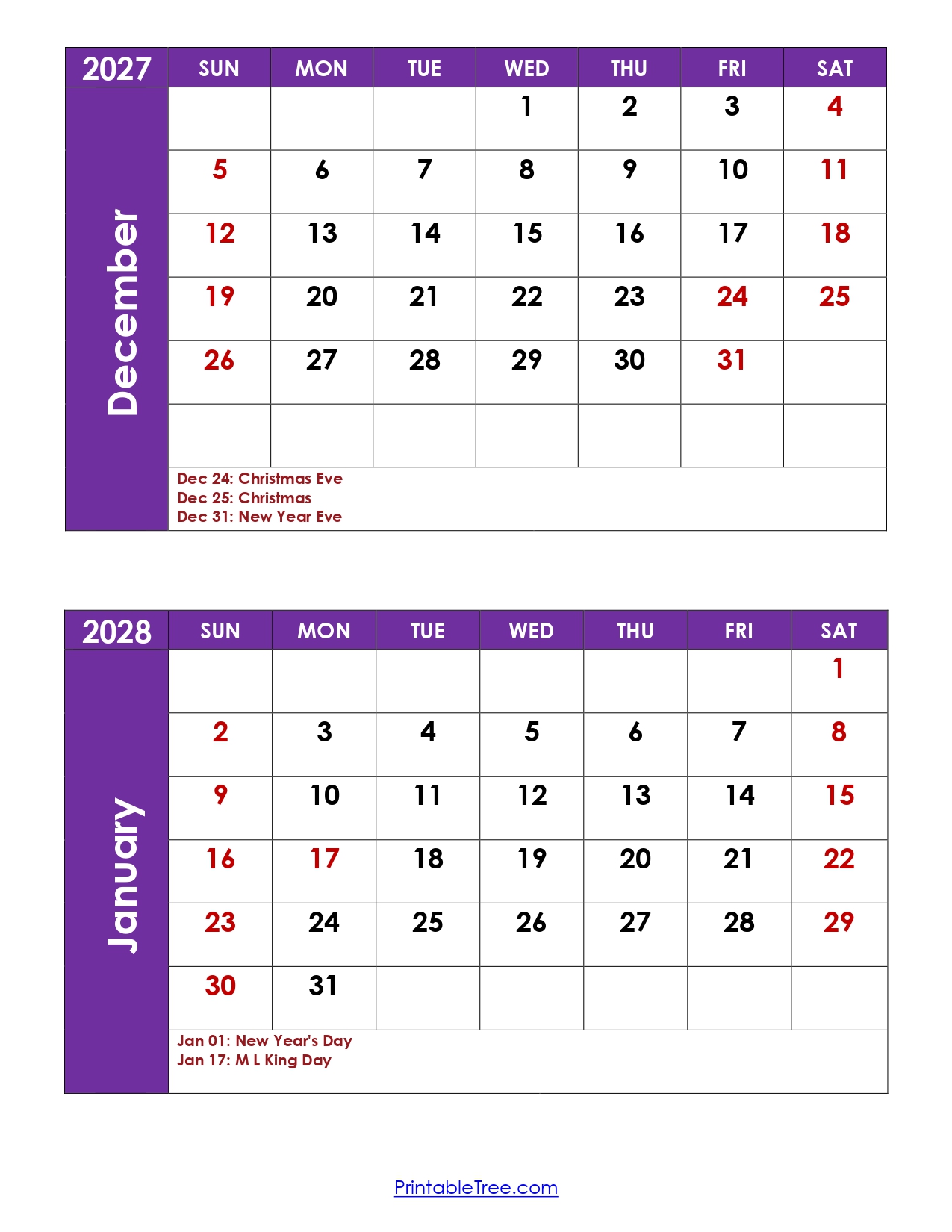 December 2027 and January 2028 Calendar with Holidays 1