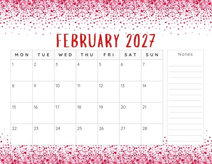 February 2027 Calendar Printable Monday start blank landscape hearts 720x556 2