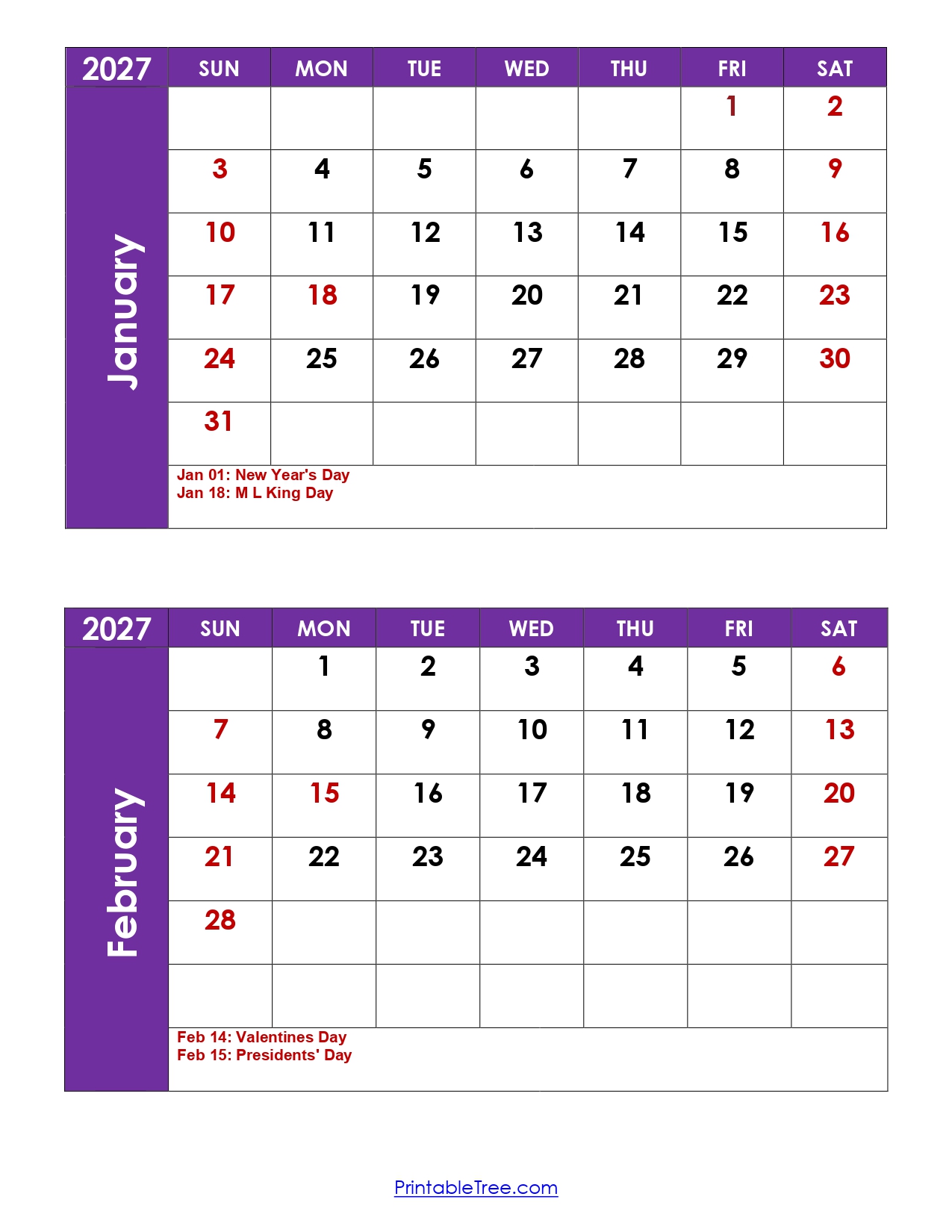 January and February 2027 Calendar with Holidays 2