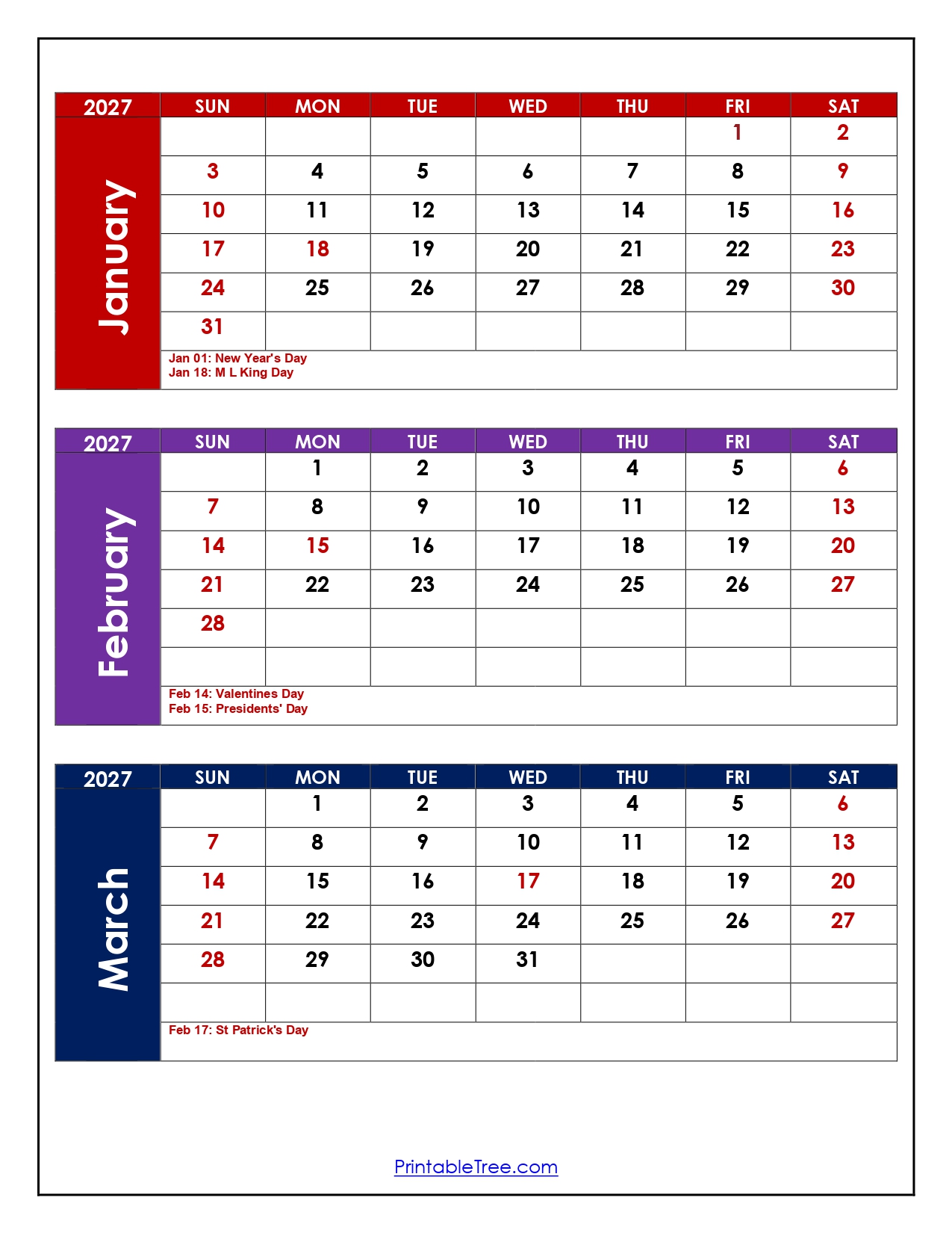 January to March 2027 Calendar with Holidays 1
