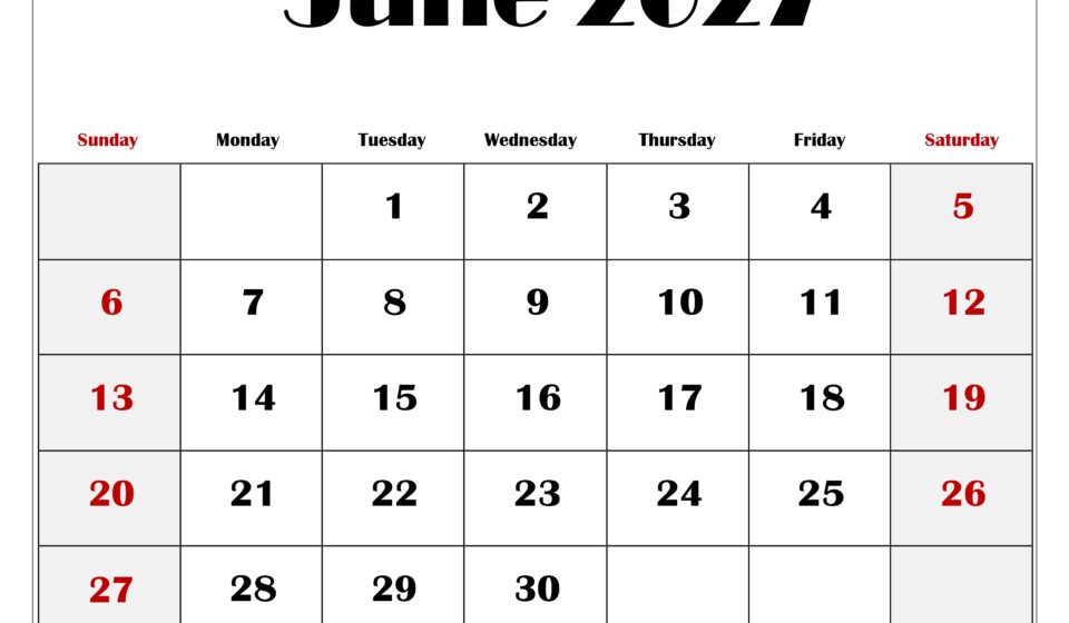 June 2027 Blank Printable Calendar 1
