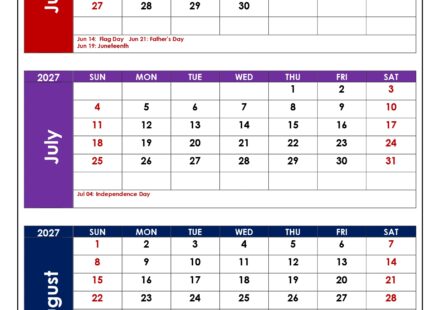 June to August 2027 Calendar with Holidays 2