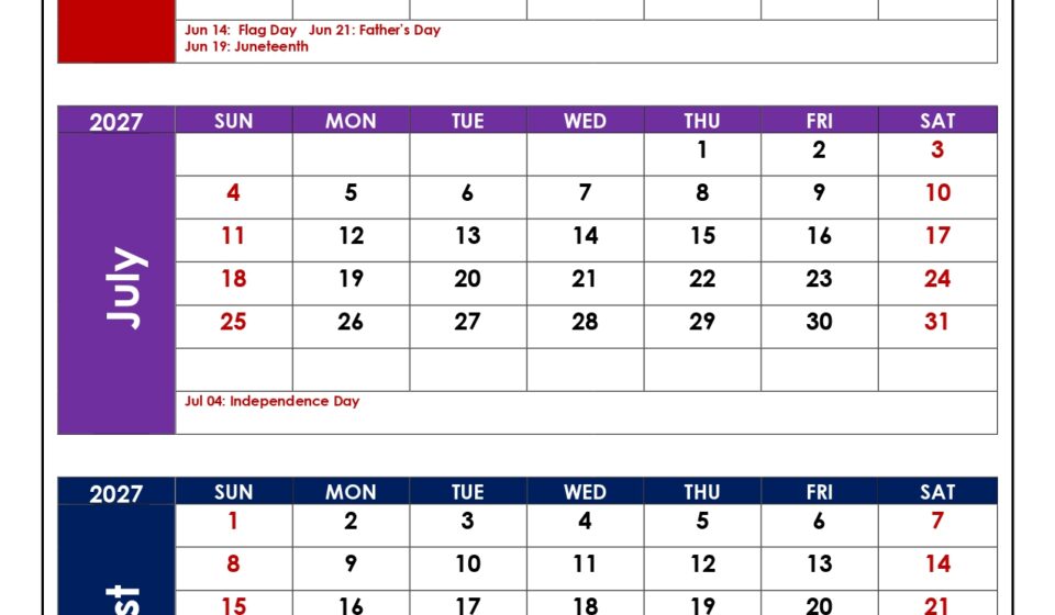 June to August 2027 Calendar with Holidays 2