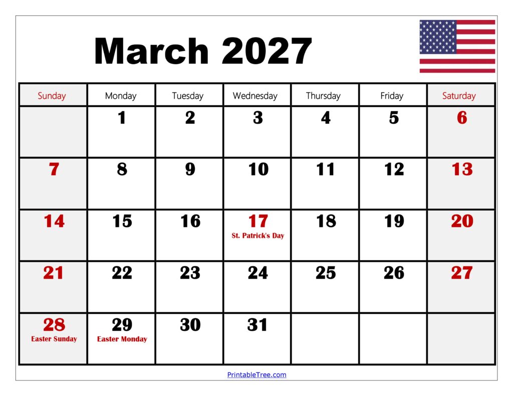 March 2027 Calendar with Holidays 1024x791 1