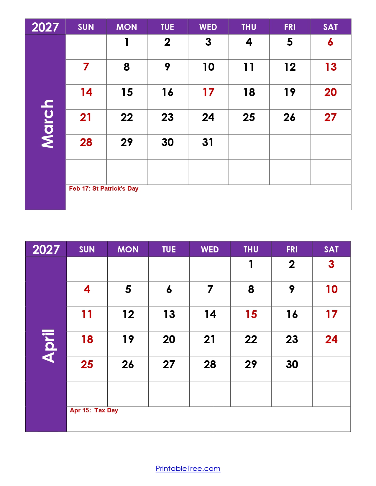 March and April 2027 Calendar with Holidays 1
