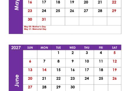 May and June 2027 Calendar with Holidays 3