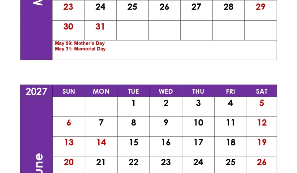 May and June 2027 Calendar with Holidays 5