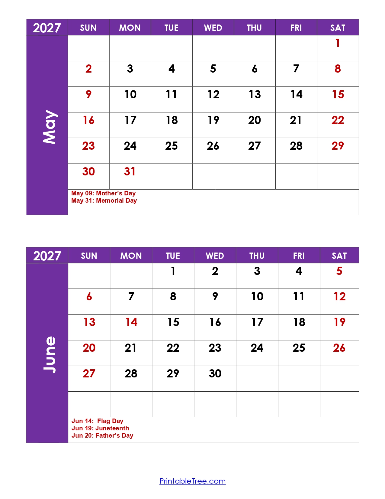 May and June 2027 Calendar with Holidays