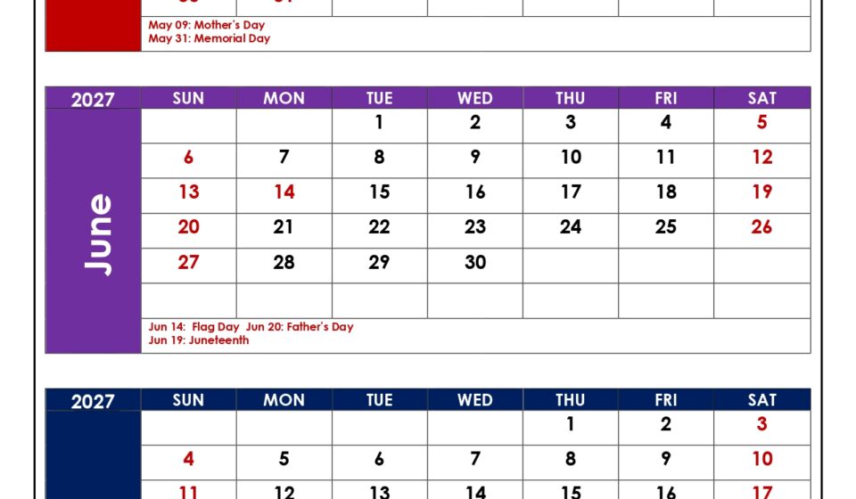 May to July 2027 Calendar with Holidays
