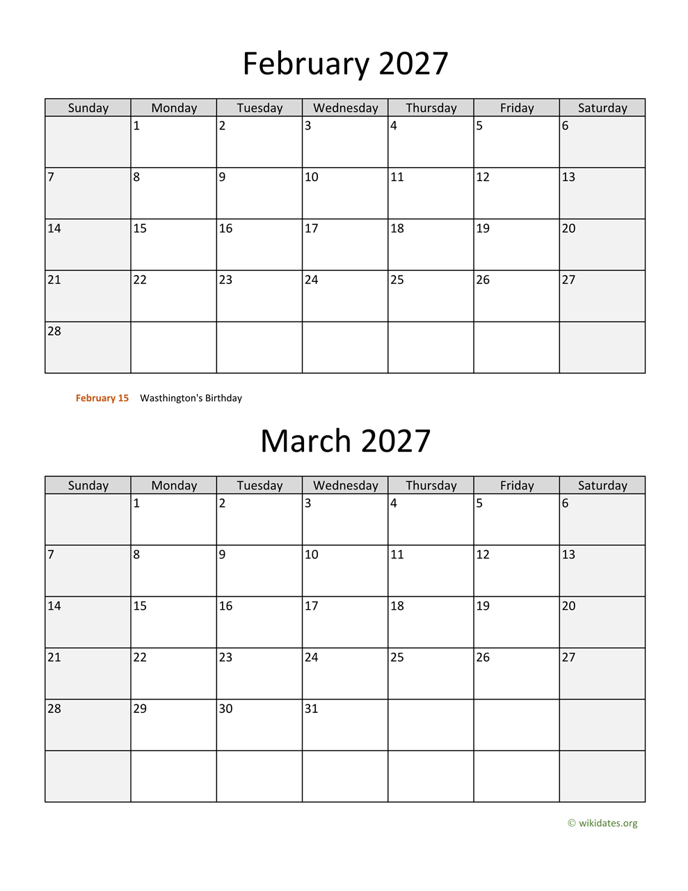 february march two months 2027 calendar vertical 1