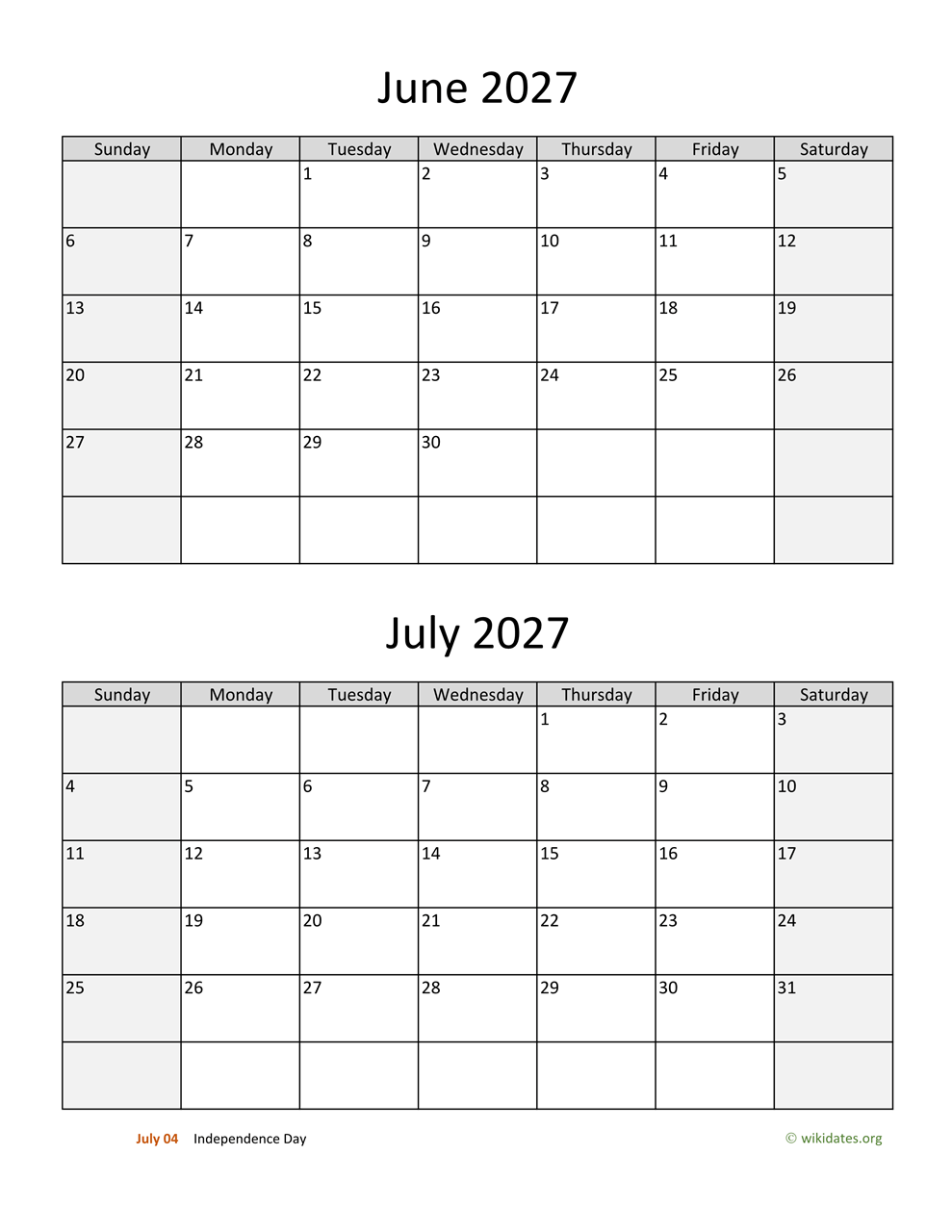 june july two months 2027 calendar vertical
